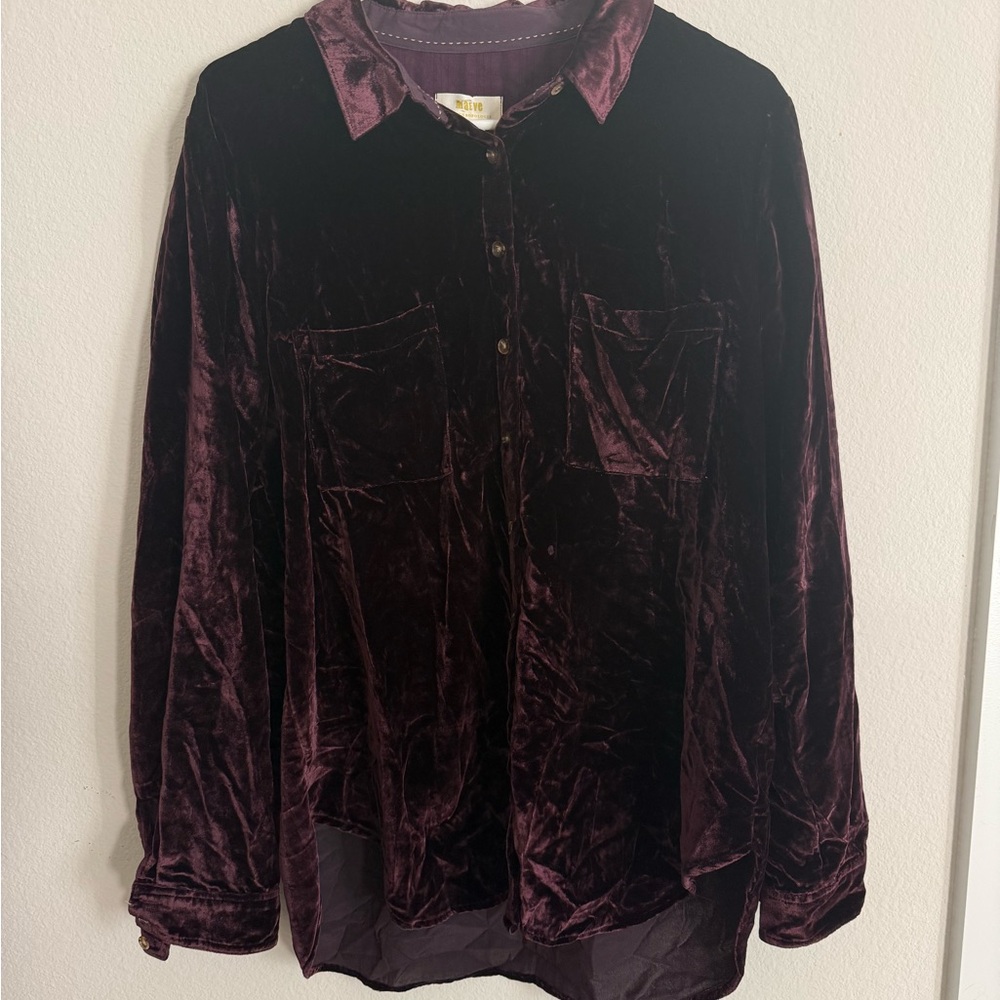 Anthropologie Velvet Button Down Shirt - Deep Purple